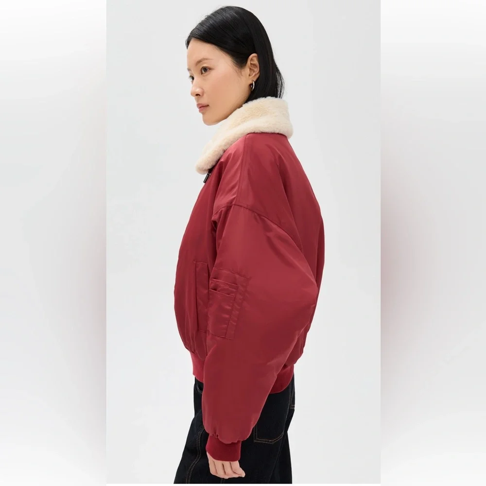 Lioness Burgundy Bomber Jacket with Cream Collar - Picture 3 of 6